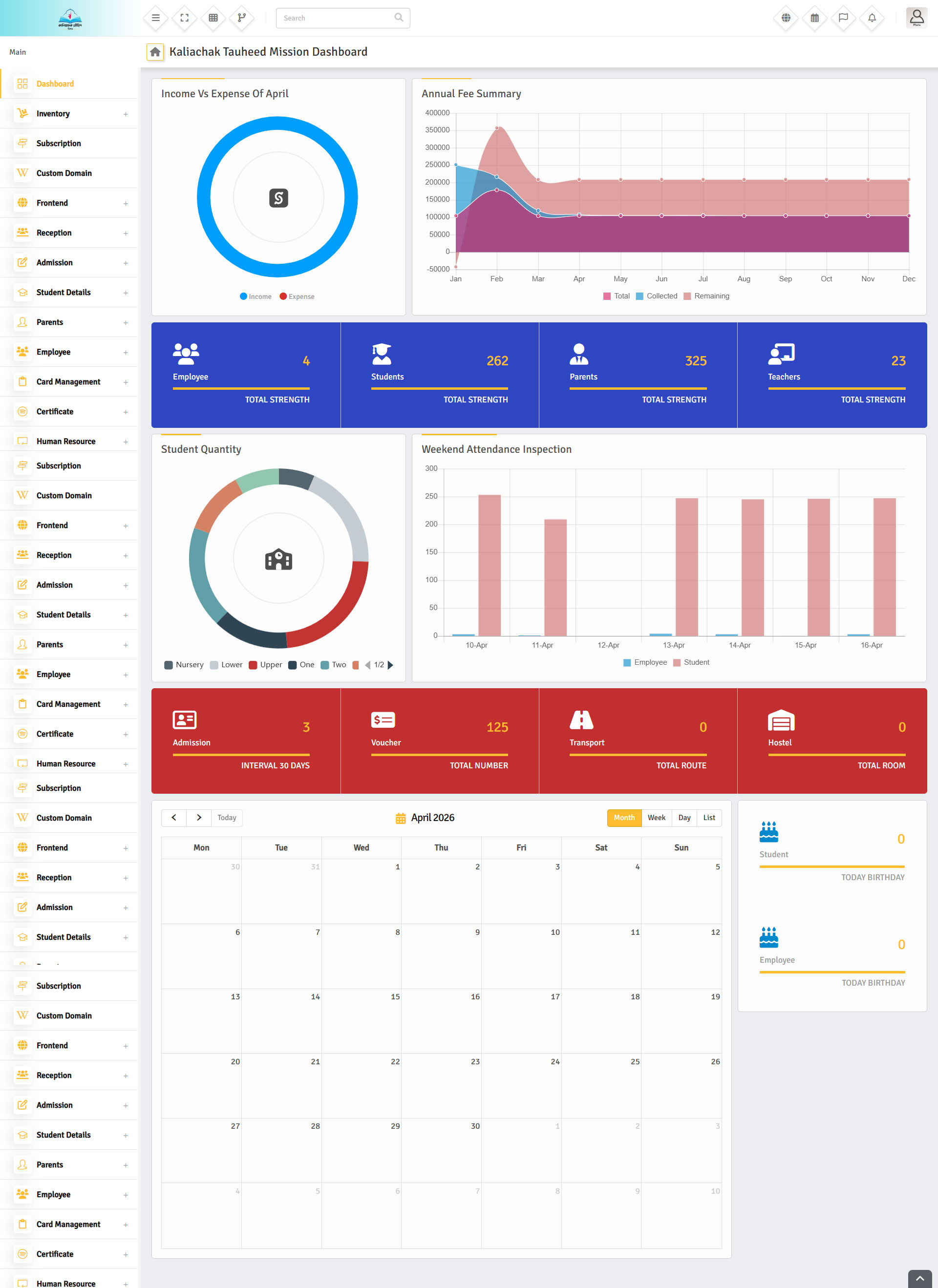 School ERP dashboard screenshot